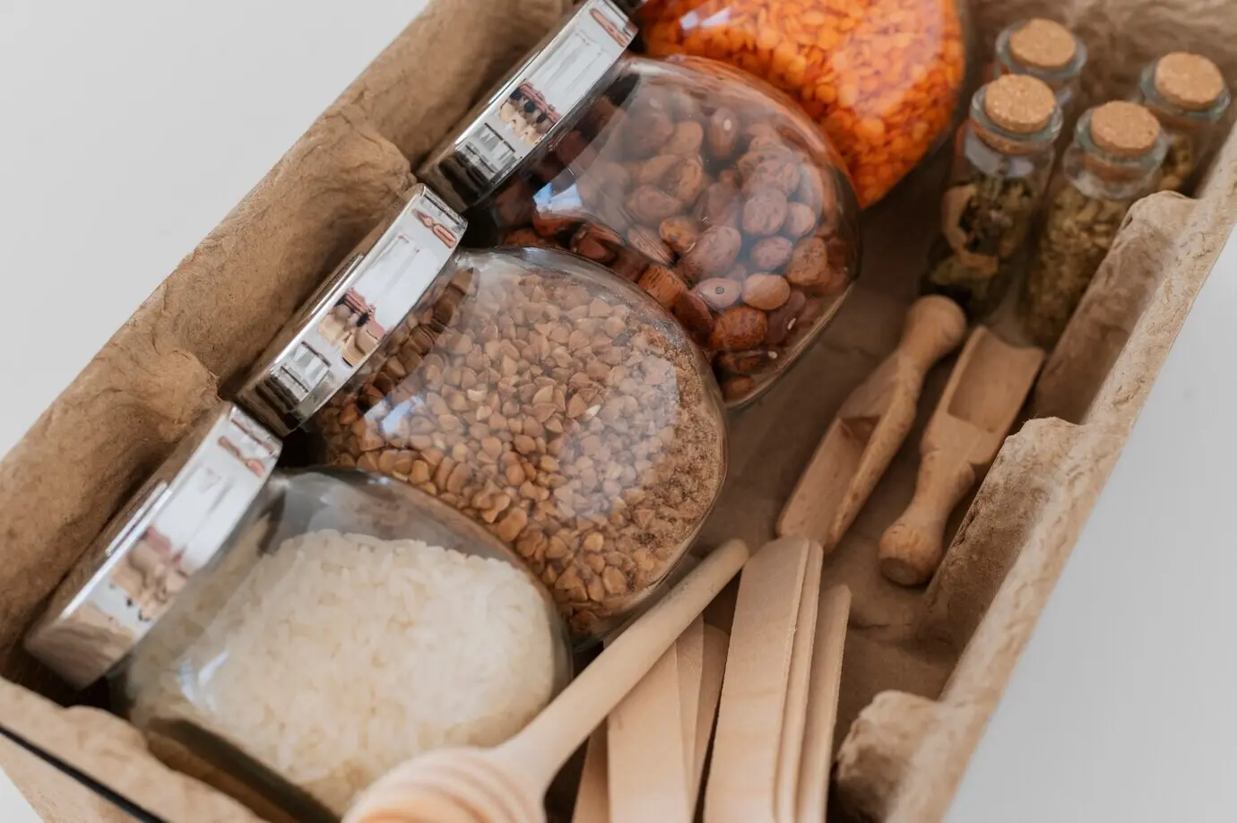 A close-up of zero-waste food containers